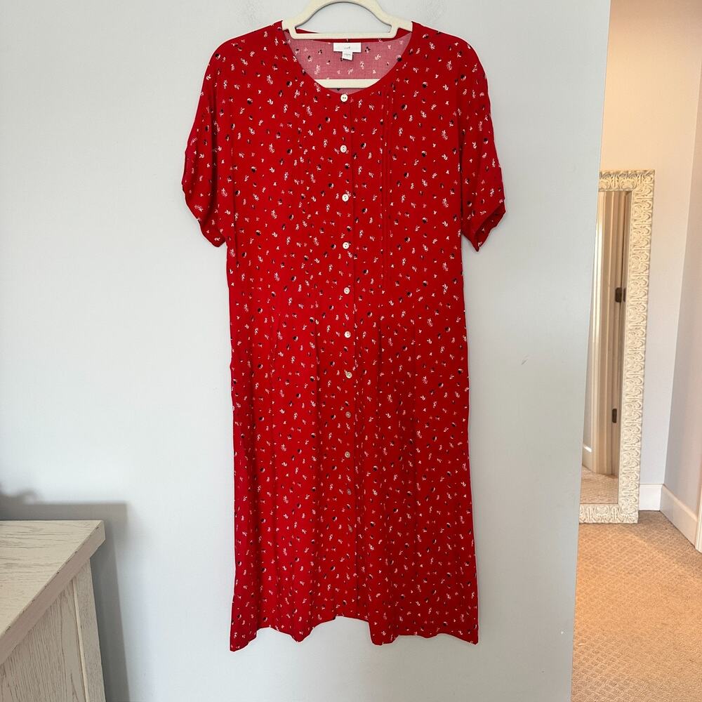 J. Jill Womens Floral Button Down Dress Size Small Red Work Career Leaf Pin Tuck